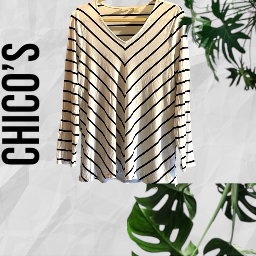 🦋 CHICOS LADIES V NECK TOP LONG SLEEVES. BLUE & WHITE STRIPES SZ:2 (M) NWOT🌻